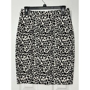 Ann Taylor Womens 2 Leopard Print Pencil Skirt Black White Stretch Knee Length